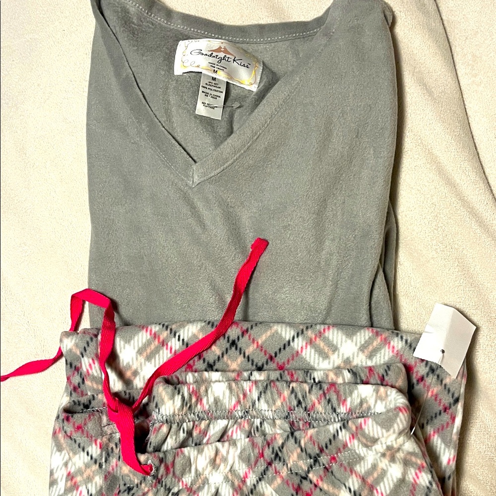 Gray V-Neck Top and Plaid Pajama Pants Set